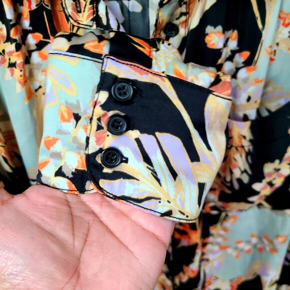 Free People Tropical Satin Blouse L Under the Palms Button-Up Boho Long Sleeve - Picture 8 of 11